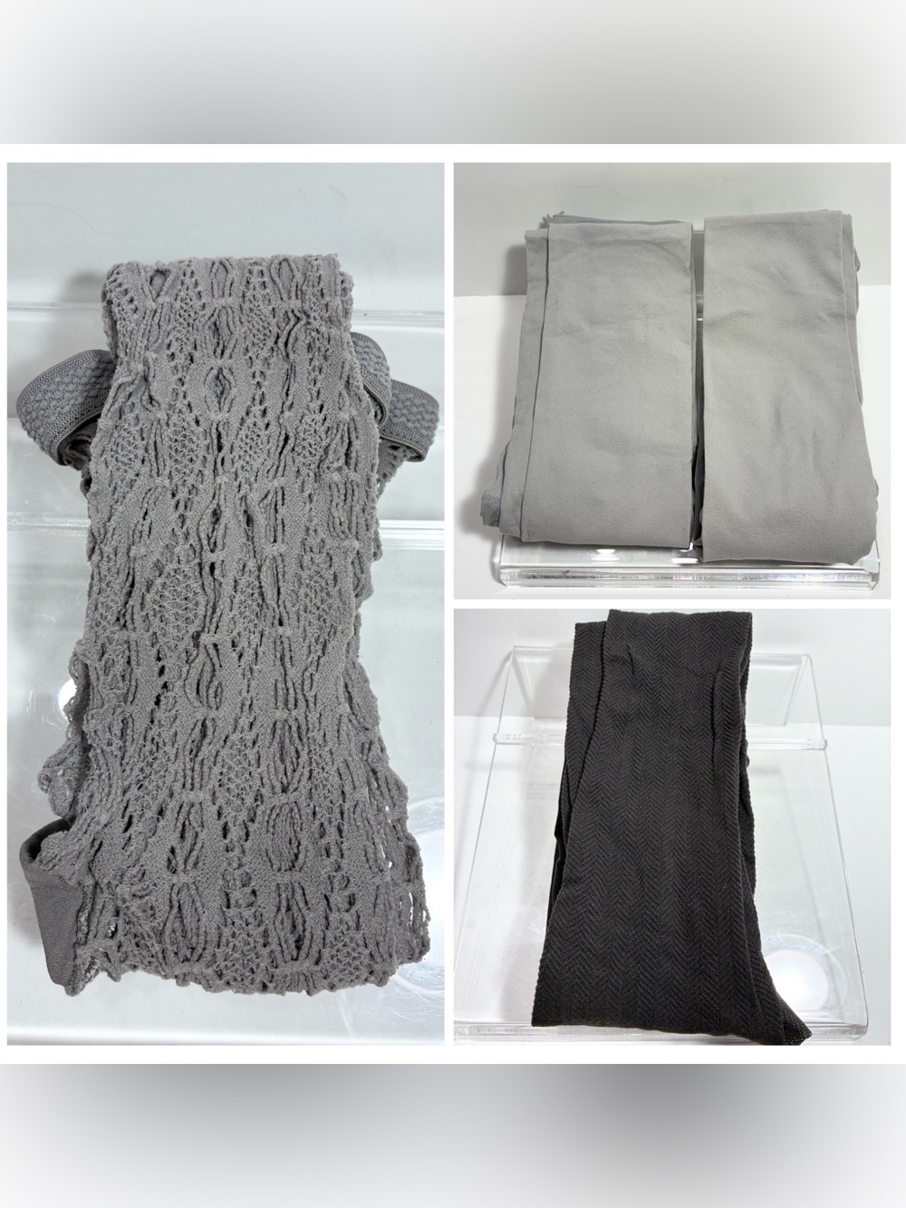 4 Pair Gray Tights Lot: Open Knit, Patterned, Control Top Size M/L